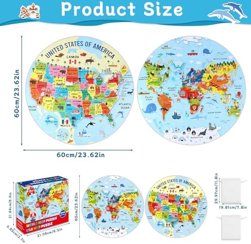 2 Sets World Puzzle United States Map Puzzle with Poster World and US Geography Jumbo Round Floor Puzzles Jigsaw for Kids Ages 3-5 Educational Learning Toys Puzzles Valentines Birthday Gift 70 Pieces - Image 2