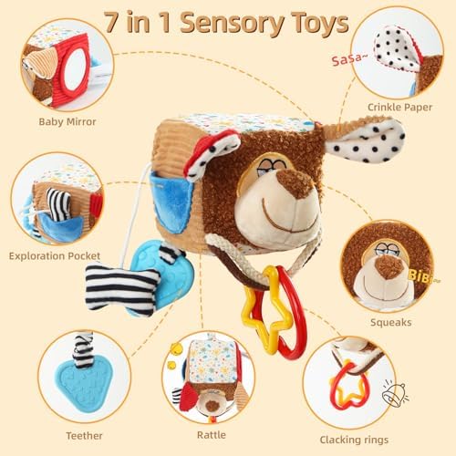 Baby Car Seat Toys Hanging-Carseat Dog Cube Toy, Infant Sensory Toys for 6 7 8 9 10 11 12 Months, Travel Activity with Rattle, Montessori Plush Newborn Girl Boy Gifts - Image 3