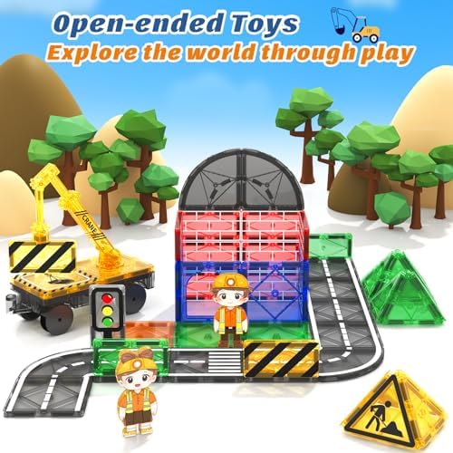 Kids Games Magnetic Tiles Road Set with Extendable Crane Magnetic Blocks - Image 5