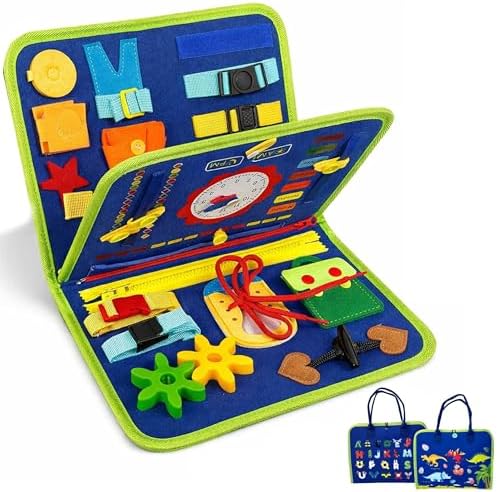 Montessori Busy Book for Toddlers 1-3 – Busy Book for 1 Year Old, Sensory Busy Board with Zipper, Buckle, Velcro & Lacing, Fine Motor Skills, Hand-Eye Coordination, Travel Toy, Gift for Boys Girls by Unknown