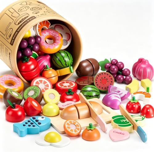WHOHOLL 43 Pcs Wooden Play Food for Kids Play Kitchen Accessories Playset with Bucket, Pretend Cutting Food Toys for 3 4 5 6 Year Old, Vegetables Fruits Toys Birthday Gifts for Boys Girls by WHOHOLL