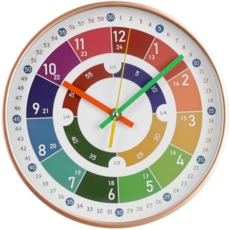 Kids Wall Clock Telling Time Silent Non-Ticking Learning Clock Colorful Teaching Wall Clocks Round Plastic Analog Educational Decor Clock for Classroom, Playroom (EDU2-Rose Gold, 10 inch) by BAKBRAND