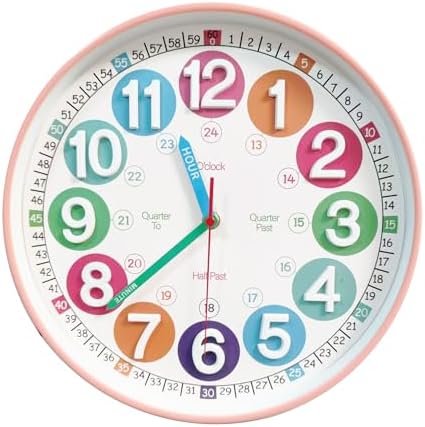 Learning Time Clock for Kids, 12 Inch 3D Peach Pink Classic Silent Wall Clock, Bedroom, Kitchen, Classroom, Decor at School, Clear Digital Clock for Kids Room by SYOYUEX