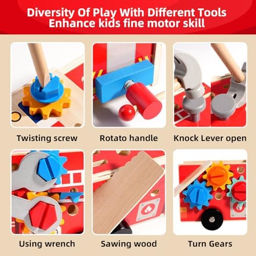 GAIETYDIY Toddler Kids Tool Set - Wooden Tools with Firetruck Shaped Box - Image 4
