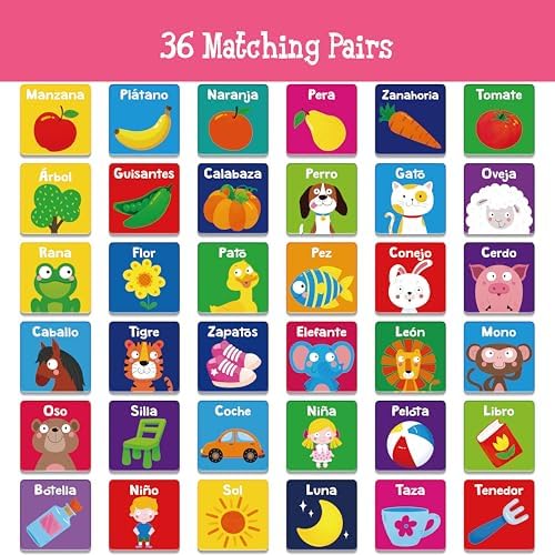 Hebayy Spanish Memory Matching Game, 72 PCS First Words Matching Cards for Toddlers, 36 Pairs Memory Cards Educational Toys Preschool Spanish Learning Activities for 4 5 6 Years Old - Image 4