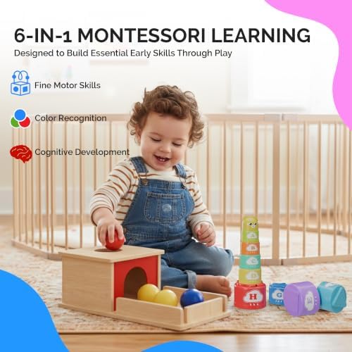 Montessori Baby Toys 7–9 Months, Developmental Tools for 7+ Month Babies, Baby Sensory Toys - A Sliding Box, Mirror Puzzle, Stacking Cups, Treasure Basket, Rain Stick, Animal Flashcards - Image 3