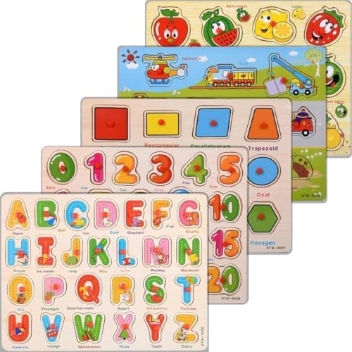 5-Pack | Alphabet, Numbers, Shapes, Vehicles & Fruits Wooden Puzzles for Toddlers 3-5 Years Old – ABC, 1-20, Shape, Vehicle & Fruit Learning Toy with Puzzle Board & Blocks, Educational Toy Gift by GUGURIK