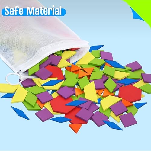 215 PCS Wooden Pattern Blocks Set, 24 Double-Sided Design Cards Pattern Building Shapes Educational Geometric Shape Puzzle Fun Tangram Montessori Learning Toys for Kids Ages 4-8 (A Storage Bag) - Image 2