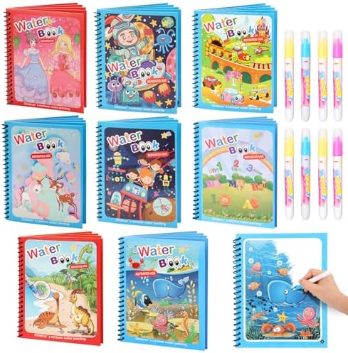 8 Pack Reusable Water Coloring Books for Toddlers, Paint with Water Books,Mess-Free Coloring Book, Portable Educational Doodle Drawing Toy, Improving Children's Imagination, Color Perception by Unknown