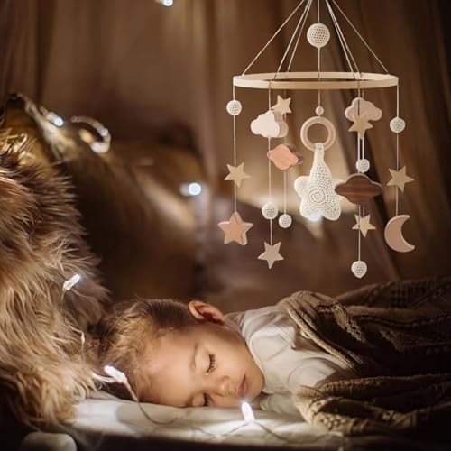 Wooden Bed Bell Crib Mobile with Music Box – Soft Felt Cartoon Bear Hanging Rattle Toy for Nursery Decor, Handcrafted Montessori-Inspired Crib Mobile (Beige) - Image 7