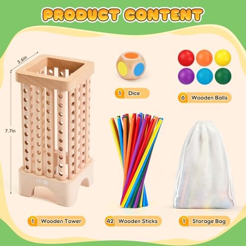 Montessori Game Wooden Board Games, 42 Colorful Sticks Dice Game Math Learning Toys for 3 4 5 6 Year Olds, Builds Fine Motor Skills & Counting, Family Travel Games for 3 Year Olds Gift for Kids - Image 6