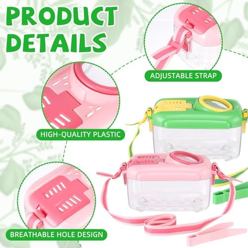 Halloscume 6 Sets Bug Catcher for Kids Students Insect Catching Kit Collector Bug Box with House, Butterfly Net, Tweezer, Cage Habitats Container Collection Explorer Gift (Pink,Green) - Image 3