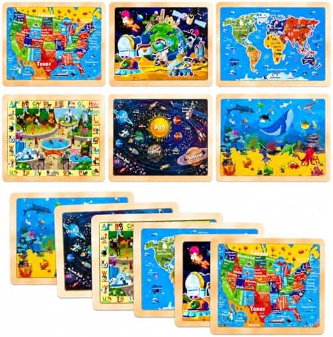 Wooden Puzzles for Toddlers 3-5,6 in 1 Jigsaw Wooden Solar System Puzzles for Ages 4-6,Preschool Educational Brain Toys Birthday Gifts for Boys and Girls 2 4 3 5 Year Old（World Map） - Image 6