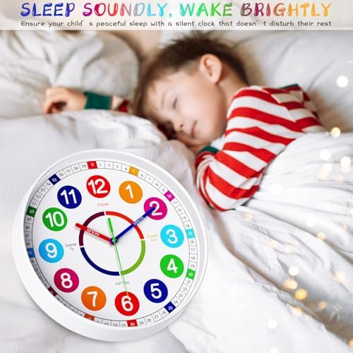 Kids Wall Clock - Non-Ticking, Battery-Operated Time Teaching Clock for Kids, Ideal for Children’s Bedrooms, Playrooms, and Stylish Home Décor – White, 10 Inch - Image 4