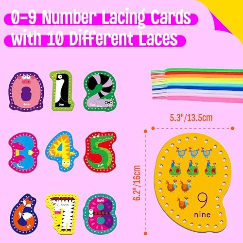 SpriteGru 10 Pieces Number Lacing Cards, 0-9 Double Sided Sewing Cards with 10 Colorful Laces, Imagination Development Lacing Toys Games for Children Educational and Learning Activity - Image 2