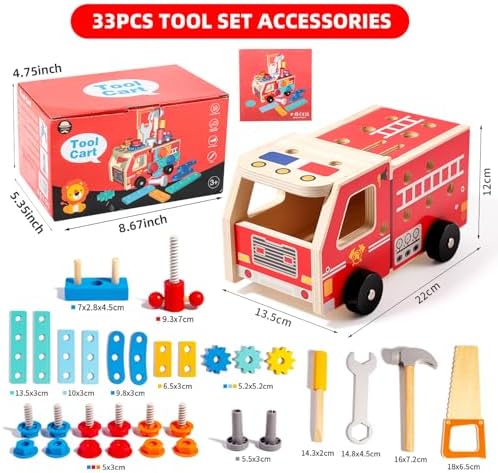 GAIETYDIY Toddler Kids Tool Set - Wooden Tools with Firetruck Shaped Box - Image 6
