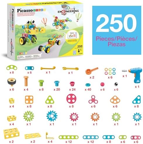 PicassoTiles STEM Learning Toys 250 Piece Building Block Kids Construction Engineering Kit Toy Blocks Children Early Education Playset w/Free IdeaBook, Power Drill, Clickable Ratchet, Age 3+ PTN250 - Image 3