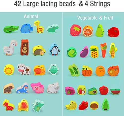 Montessori Educational Wooden Lacing Beads Toys for Toddler 3 4 5 Year Old, Farm Animals Fruits Vegetables Threading Toys Preschool Stringing Fine Motor Skills Toy for Boys Girls [with 3D Stickers] - Image 3
