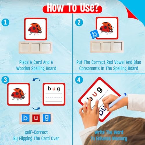 154 PCS Wooden CVC Word Spelling Game, Short Vowel Spelling Flashcards Sight Words Flash Cards Montessori Early Educational Toys for Preschool Kindergarten (5 Dry Erase Marker Included) - Image 3