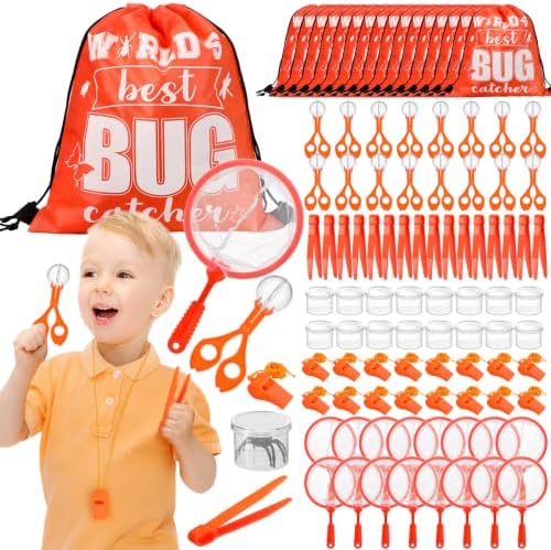 Silipull Bug Catching Kit for Kid Outdoor Explorer Kit Include Catching Scissor Tong Tweezer Clamp Bug Cage Whistle Insect Net Drawstring Bag for Boy Girl Educational Adventure Hunting(Orange,96 Pcs) by Silipull