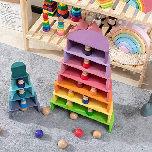 Wooden Rainbow Stacking Toy, 12 Piece Multicolor Wooden Arch Stacker, Extra Large Pastel Bow Shaped Stacking Toy, Nesting Puzzle Building Blocks Educational Toys for Kids Toddlers - Image 5