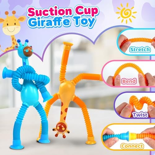 Giraffe Sensory Travel Toys 4Pcs for Road Trip Car Ride Airplane Toddler Girl Year Old Ages 3 4 5 6 7 8, Suction Autism Pop Tube Fidget Toy Autistic Valentines Day Stocking Easter Basket Stuffer Gift - Image 5