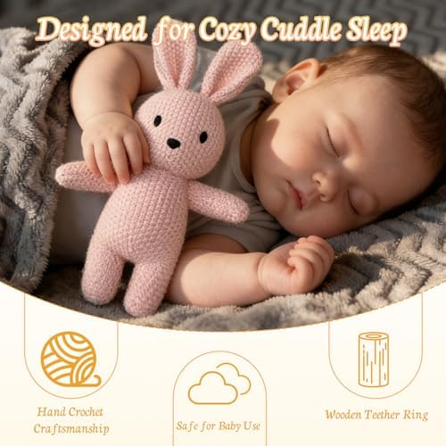 12" Handmade Crochet Rabbit Stuffed Animal, Baby-Safe Cotton Plush with Rattle, Hypoallergenic Toy for Newborns 0-12 Months, Ideal Baby Shower & 1st Birthday Gift - Image 3