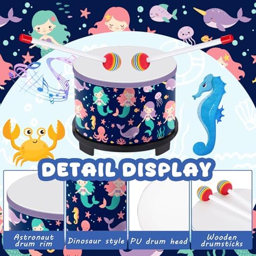 Boao Kids Floor Tom Drum with 2 Rainbow Mallets for Over Age 6 Year, Wooden Percussion Instrument Music Drum Set 8'' W x 6.5'' H Toys Educational Kids' Instruments for Birthday Gift(Mermaid Style) - Image 3
