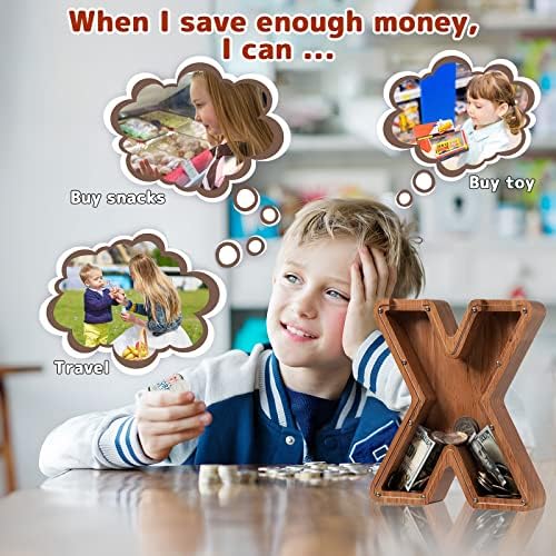 Personalized Large Wooden Kids Letter Piggy Bank - (Laser Engraved) Custom Piggy Bank for Boys Girls - Wooden Banks with Initials - Alphabet Money Box Bank Birthday Letter X Bank - Image 5