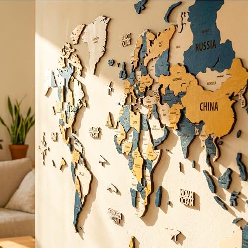 Colorfull Worlds 3D Wooden World Map Wall Art | Unique Wall Decor with Pins for Travel Enthusiasts | Home and Office Wall Décor | Gold-Blue | Medium - Image 6