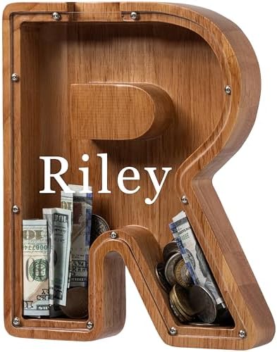 Personalized Large Wooden Kids Letter Piggy Bank - (Laser Engraved) Custom Piggy Bank for Boys Girls - Wooden Banks with Initials - Alphabet Money Box Bank Birthday Letter R Bank by Ladenk