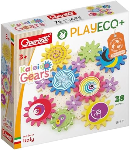 Quercetti: PlayEco+ Kaleido Gears - 38pc Interactive Building Playset, Colorful Gear Plates, Chain Reactions Construction Toy, STEM Activity, Kids 3+ by Quercetti