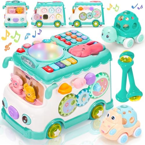AmiDear Baby Gift for 1-2 Year Old Girl, 10-in-1 Montessori Toys Bus for Baby 6-12-18 Months+, First Christmas and Birthday Gifts, Blue Educational Musical Sensory Learning Toddler Toys Age 1-2 by AmiDear