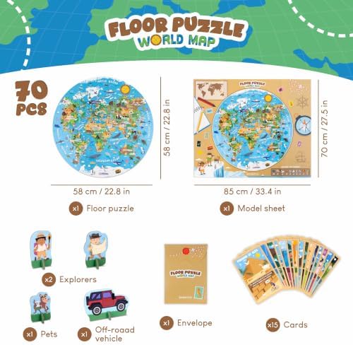 BONNYCO Giant Floor Puzzles for Kids World Map with 70 Large Pieces. Round Globe Puzzle with Animals, 23 x 23 in, 15 Cards, 4 3D Figures, Guide. Learning Gifts, Toys for 4 Year Old Boys - Image 2