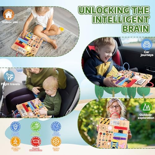 23-in-1 Montessori Busy Board with LED Lights Educational Wooden Activity Toy for Toddlers Ages 1-3, Travel Sensory Board with Switches Locks Music Box Fine Motor Skills Learning Toy for Boys Girls - Image 5