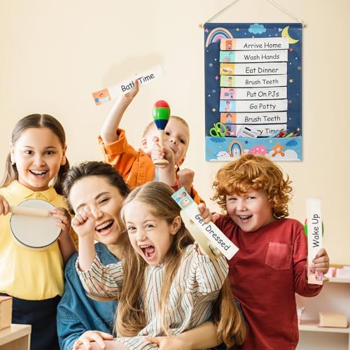Blosssound Visual Schedule for Kids Chore Chart Morning Bedtime Routine Chart Hippie Boho Daily Calendar Double Side Planner Board with 28 Cards for Home School Toddlers Autism Learning Materials - Image 6