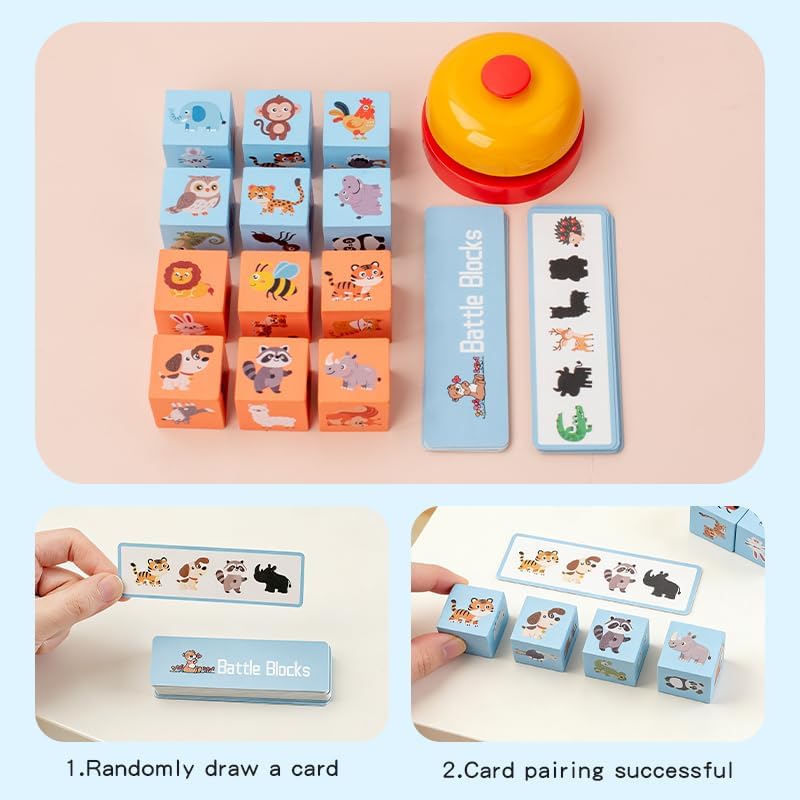 Animal Pattern Matching Game with Blocks, Battle Blocks Race Cube Toy with Picture Cards and Buzzer, Memory Puzzle Board Game, Montessori Preschool Spelling Learning Toy for Kids 3+ - Image 2