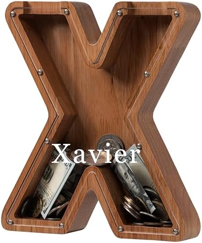 Personalized Large Wooden Kids Letter Piggy Bank - (Laser Engraved) Custom Piggy Bank for Boys Girls - Wooden Banks with Initials - Alphabet Money Box Bank Birthday Letter X Bank by Ladenk
