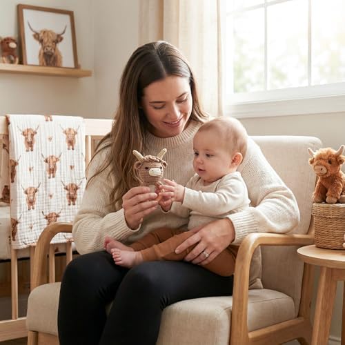 Wooden Baby Rattle for Boys and Girls, Crochet Stuffed Animal for Newborn, 3 4 5 6 Month Toys, Highland Cow - Image 4