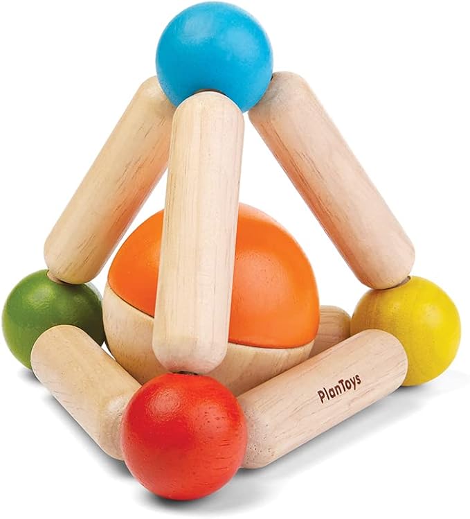 PlanToys Wooden Clutching Triangle Baby Toy with Gentle Sound in Two-Toned Ball (5244) | Sustainably Made from Rubberwood and Non-Toxic Paints and Dyes