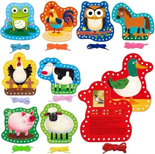SpriteGru 9 PCS Kids Lacing Cards, 9 Double Sided Farm Animals Sewing Cards with 9 Colorful Laces, Educational & Learning Toys for Preschoolers, Kids Ages 3+ by SpriteGru