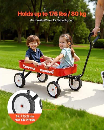 VEVOR 39 inch Pull Along Kids Wagon, Red Rolling Utility Cart Wagons for Kids, Cargo Wagon for Garden, Beach, Camping for Child Present - Image 2