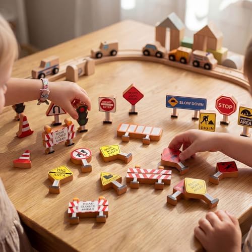 Blosssound 26 Pcs Wooden Toys for Preschool Classroom Construction Signals - Image 4