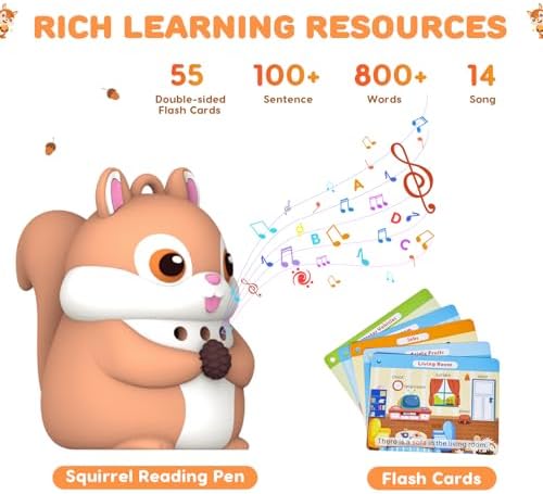 Phonics 55 Double-Sided Flash Cards with Squirrel Talking Pen Set, Over 800 Words Early Educational Learning Toys for Ages 2-6, Interactive Speech Book Card Game Gift, Homeschool Learning Supplies - Image 2