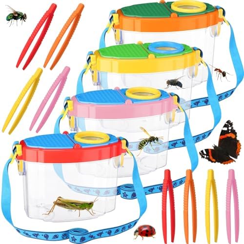 Halloscume 4 Pack Insect Bug Viewer Kit for Kids with Tweezers Explorer Outdoor Set Bug Catcher Containers for Insects Magnifying Insect Box Observation Science Nature Exploration Collecting(Bright) by Halloscume