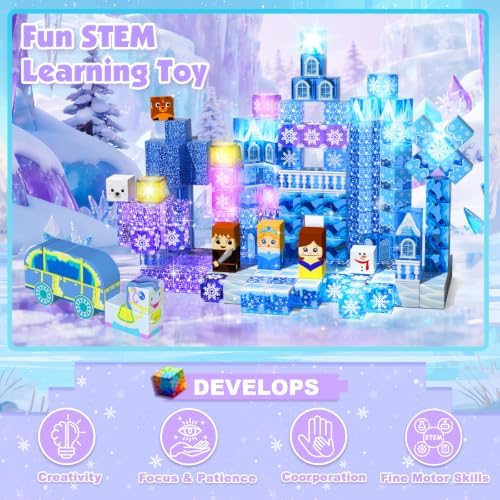 200 PCS Light Up Magnetic Blocks, Transparent Magnetic Building Block for Blue Snow Princess Castle, Frozen Magnet Cubes STEM Toys for Girls Age 3 4 5 6 7 8 9 10 11 12 13 Birthdays Gift for Kids - Image 4
