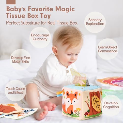 hahaland Baby Tissue Box Toy - Baby Toys 6-12 Months Montessori Toys with Scarves, Crinkle, Textures, Mirror - Gifts for Babies - Image 3
