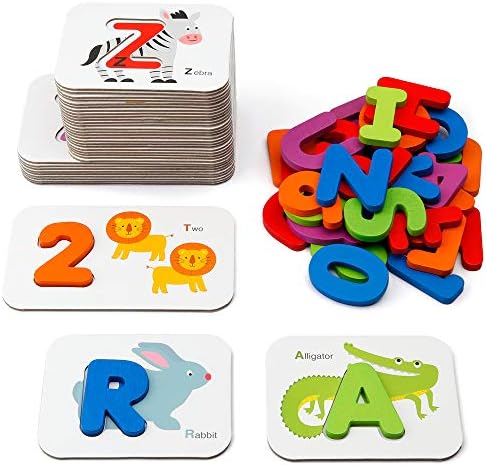 Coogam Numbers and Alphabets Flash Cards Set - ABC Wooden Letters and Numbers Animal Pattern Board Matching Puzzle Game Montessori Educational Learning Toys Gift for Preschool Kids Age 3 4 5 Years by Coogam