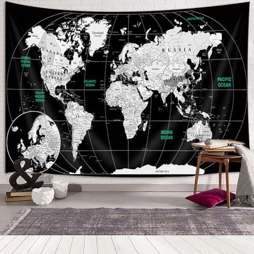 World Map Wall Art for Kids, Educational Tapestry with Countries, Cities, Topography - Asia, Europe, America, Africa, Japan - 80x60 Inch (Black) - Image 2
