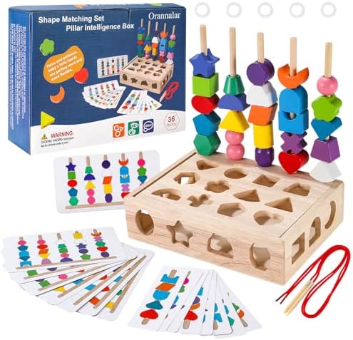 3 in 1 Montessori Wooden Beads Sequencing Toy Set Color Sorting Stacking Geometric Shape Matching Game Beads Sequencing Toy Lacing Beads Stem Fine Motor Skills for Toddlers by Unknown